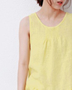 Pin tuck round linen top blouse - 4Color