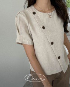 [Dear Short Women] Linen Diagonal Button Short-sleeve Blouse