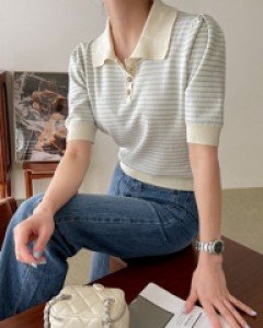 Nari horizontal striped Collar Knitwear