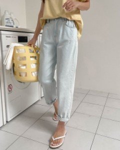 Damage Shirring Denim Baggy Pants