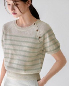 Linen neck button horizontal striped Short-sleeve Knitwear