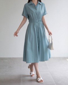 J Shirring Roll-Up Collar Dress