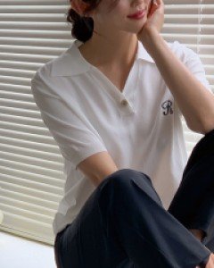 Summer R Embroidered Collar Short-Sleeved Knitwear