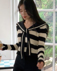 Sailor Tie Collar horizontal striped Knitwear