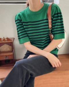 Good Luck horizontal striped Puff 3/4 sleeve Knitwear