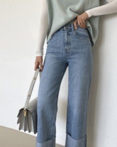 하이웨스트 롤업 와이드 롱팬츠 (데님/아이보리)