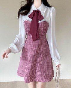 (리본세트) 쉬폰블라우스 체크탑 일체형 원피스 a2228