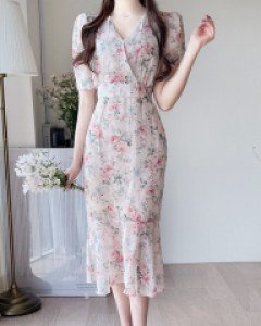 로즈플루아 브이 가슴랩 쉬폰 원피스 a2383