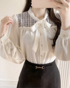 프레쉬 트위드배색 리본 블라우스 a2694