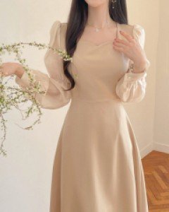 클래시 하트넥 샤틴소매 플레어 롱 원피스 a2787