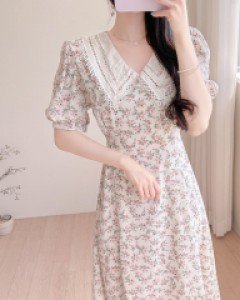 플라워 펀칭 레이스카라 허리리본 원피스 a2912