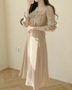 올리브 셔링 스퀘어넥 플레어 원피스 a2754