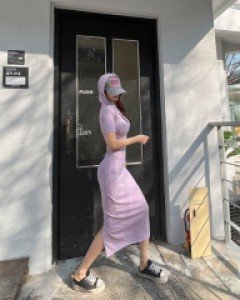 [4410]단추후드 슬림 롱원피스