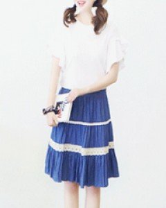 프렌치걸 블루 데님 레이스 티어드 5부 밴딩 스커트