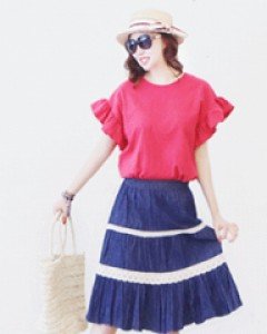 프렌치걸 다크 블루 데님 레이스 티어드 5부 밴딩 스커트