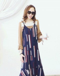 걸리쉬 네이비 슬리브리스 프릴 롱 원피스