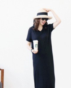 헐리웃걸 블랙 양면 V넥 루즈핏 옆트임 롱 원피스