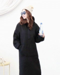 해피타임 블랙 루즈핏 기모 롱 후드 원피스