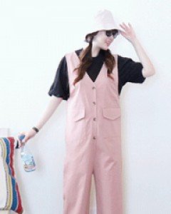 헬로우 핑크 반오픈 루즈핏 롱~롱~ 서스펜더 면 팬츠