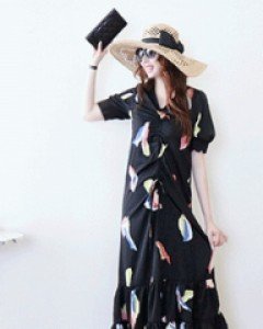 홀릭 블랙 V넥 앞 셔링 티어드 루즈핏 롱 원피스