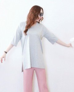 드림 그레이 5부 소매 V넥 옆트임 루즈핏 롱 티