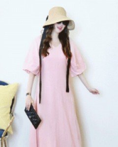 러블리 핑크 V넥 벌룬 소매 A라인 린넨 롱 원피스