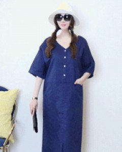 세레나데 네이비 양면 V넥 롤업소매 박시한 린넨롱 원피스