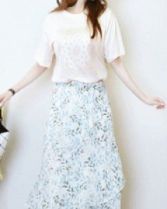 플라워 가든 그린 사선 프릴 티어드 A라인 쉬폰 밴딩롱 스커트