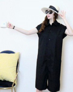 스탈릿 레이디 블랙 루즈핏 5부 롤업 린넨 점프슈트