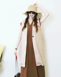 시크 베이지 원버튼 옆트임 루즈핏 롱 린넨 베스트