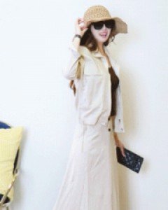 럭셔리 베이지 린넨 플레어 A라인 양옆 트임 밴딩롱 스커트