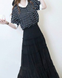 커버걸 블랙 프릴 & 셔링 티어드 롱 밴딩 스커트