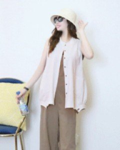 큐티 오트밀 밑단 셔링 단추 박시한 린넨 베스트