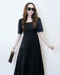 빅토리안 블랙 백 오픈 리본 티어드 롱 원피스