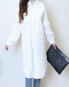 밀라네즈 화이트 박시한 소매 셔링 롱 셔츠 원피스