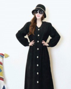 걸스 필링 블랙 루즈핏 V넥 코듀로이 롱 원피스