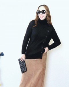 프렌치 베이지 뒷트임 코듀로이 H 라인 밴딩 롱스커트