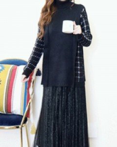 시에나 블랙 배색 루즈핏 프릴 터틀넥 니트 스웨터