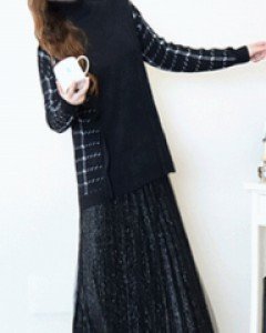 샤랄라 샤이닝 블랙 망사 플리츠 밴딩 롱 스커트