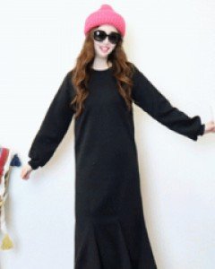 마이 레이디 블랙 루즈핏 절개 프릴 기모 롱 원피스