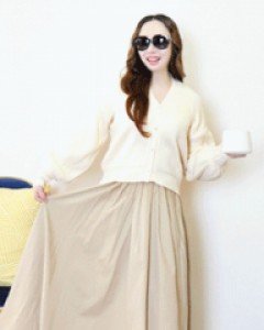 페미닌 베이지 백 리본 플레어 롱 밴딩 스커트