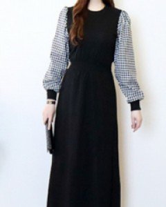 감성홀릭 블랙 잘록한 허리 소매 체크 롱 원피스
