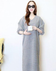 세레나데 블랙 체크 V넥 벌룬 5부소매 루즈핏양옆 트임 롱 원피스