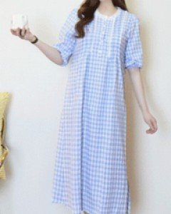 걸스 블루 체크 5부소매 루즈핏 반오픈 롱 원피스