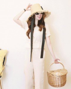 럭셔리 레이디 허리 스트랩 리본 V넥 반오픈린넨 점프슈트(블랙,베이지)