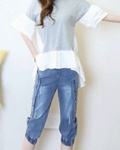 스페셜 그레이 박시한 5부소매 티어드 언밸런스 롱 티