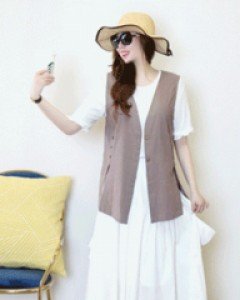 걸스로망 브라운 프린세스라인 옆트임 루즈핏린넨 베스트