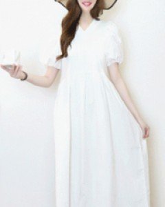 프리미엄 화이트 V넥 하이웨이스트 셔링 주름소매루즈핏 롱 원피스