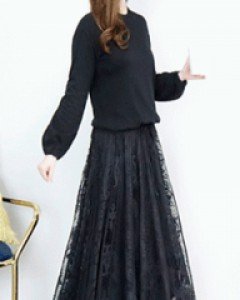 사랑 그녀 블랙 레이스 밴딩 플레어 롱 스커트