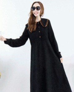 엘프 블랙 플리츠 플랫카라 반오픈 루즈핏 코듀로이롱 원피스